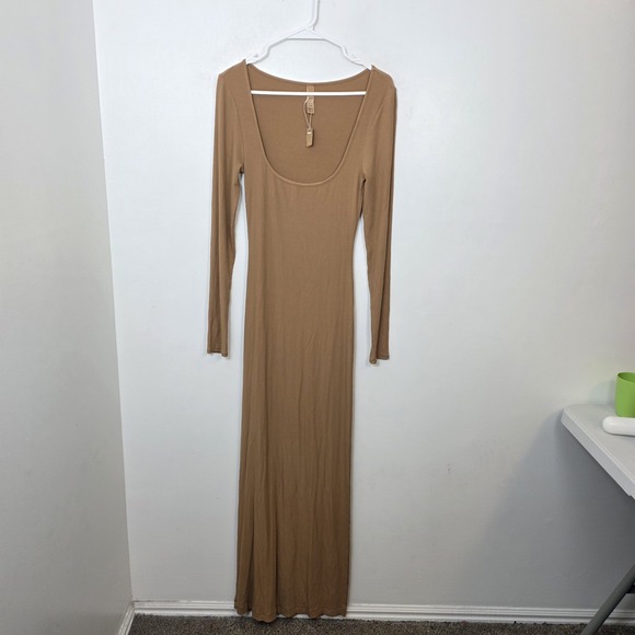 SKIMS Dresses & Skirts - Skims Brown Ribbed‎ Soft Lounge Long Sleeve Neutral Fitted Maxi Dress Size M